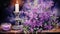 Artistic watercolor painting of an Ash Wednesday scene, featuring a candle, ash cross, and purple flowers, tranquil and