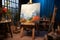 Artistic workspace Studio interior with wooden easel, blank canvas masterpiece