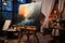 Artistic workspace Studio interior with wooden easel, blank canvas masterpiece