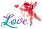 Artistic written single word `Love!` and Cupid hunting for hearts.