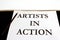 Artists in action sign with empty piece of paper and pencil