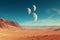 Artists Rendering of Desert Landscape With Three Moon Phases, A barren desert planet with bright, double moons in the sky, AI