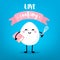 Ð¡artoon egg with book, mixer and pink ribbon on blue background. Cute vector