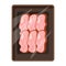 Ð¡artoon meat tray. Frozen food in transparent plastic packaging. Fresh meat deli container icon for supermarket. Food box