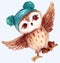 Ð¡artoon owl.  Cool Owl bird. Watercolor picture.