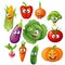 Artoon vegetable characters. Vegetable emoticons. Cucumber, tomato, broccoli, eggplant, cabbage, peppers, carrots, onions, pumpkin