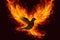 Artowrk red and orange winged dove, a representation of the New Testament Holy Spirit with a fire background