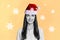 Artwork collage picture of cheerful black white colors girl festive christmas santa hat snowflakes isolated on creative