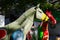 Artwork colorful painted horses sculpture at Martin Place for decoration in the events of Melbourne cup, spring horse racing.