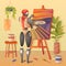 Artwork creation with AI, cute robot with artists beret holding brush and palette