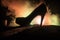 Artwork decoration. Silhouette of a man standing in the middle of the road on a misty night with giant high heel women shoes.