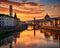The artwork depicts the Arno flowing through the heart of Florence Italy.