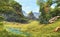 Artwork is a fabulous landscape of mountains, trees, rivers and grass, a fantasy sketch of amazing nature. Artwork sketch of