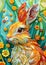 Artwork features a rabbit surrounded by an enchanted garden filled with vibrant, whimsical flowers