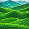 artwork of a green tea plantation Flat rural farming a terraced tea green and a distant peak are shown in a