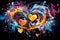 Artwork of a heart in abstract modern style on black background, featuring vibrant hues, fluid lines and playful paint