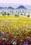 Artwork Italian tuscany cypresses landscape with mountains, flowers field painting on canvas.
