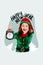 Artwork magazine picture of excited funny small santa assistant rising clock excites celebrating x-mas isolated drawing