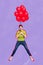 Artwork magazine picture of funky impressed guy flying red balloons  violet purple background