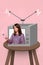 Artwork magazine picture of watching tv-set journalist interview isolated drawing pink background