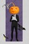 Artwork pop collage image of psychedelic mask scary halloween businessman pumpkin jack lantern aggressive work 