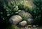 Artwork of rough stones with plants on landscape, majestic landscape background