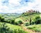 The artwork is a watercolor pencil drawing of the Tuscany in Italy.