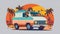 Artworks flat design of one retro vintage bus in a monkey, sunrise backdrop for car white background, AI Generative