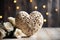 Ð¡arved wooden heart with white roses on the background of bokeh effec. Generative AI