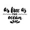 As free as the ocean - hand drawn lettering quote on the white background. Fun brush ink inscription for photo