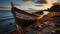 As the Sun Dips Below The Horizon Casting A Warm Glow Across The Beach An Abandoned Boat Sits Marooned On The Sand Background