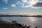 As The Sun Goes Down Behind Irvine Harbour in Ayrshire Scotland looking over the Old Harbour up to the Old Science Museum in the