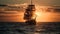 As the sun sets, a magnificent sailing ship casts a serene silhouette on the horizon
