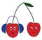 As two cherry fruits hang from a branch the one with headphones is astonished and the other expresses an unpleasant mood of not