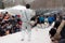 Asahikawa City,Hokkaido, Japan.  MARCH 13, 2019:The parade of penguins while walking through the snow at Asahiyama Zoo, Japan