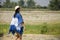 Asain thai women travelers visit and posing with rice field