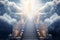 Ascending the celestial staircase, cloudy skies part, revealing Heavens\\\' gate, Generative AI