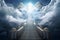 Ascending the celestial staircase, cloudy skies part, revealing Heavens\\\' gate, Generative AI