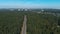 Ascending shot from drone on roadway in tall green pine forest on bright sunny autumn day. Cars passing through