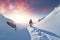 Ascending the Snowy Heights Adventurous Hiker Conquering a Majestic Mountain. created with Generative AI