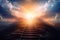 Ascending stairs to the sun God is great bright heavenly light background religion. Generative AI