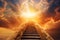 Ascending stairs to the sun God is great bright heavenly light background religion. Generative AI