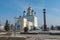 Ascension Cathedral - the main Orthodox church of the city of Yelets, Russian. Golden domes on the background of a beautiful sky