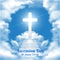 Ascension Day of Jesus Christ design with realistic clouds, cross, and blue sky.