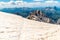 Ascent to Marmolada, Dolomites, Italy. The Marmolada Glacier. Tourist climbing on Marmolada mountain in dolomites. Ice axe in the