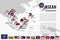 ASEAN Association of Southeast Asian Nations and GPS navigator location pin with country flag of membership on world map . Vec