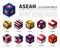 ASEAN . Association of Southeast Asian Nations and membership . 3D Cubic flag design . Vector