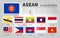 ASEAN . Association of Southeast Asian Nations . and membership flags . Flat rectangular stamp design . Vector