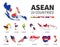 ASEAN . Association of Southeast Asian Nations . Set of flat design country map and national flag of member with shadow . White