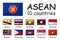 ASEAN and membership flag . Association of Southeast Asian Nations . Modern simple cartoon outline design and doodle world map